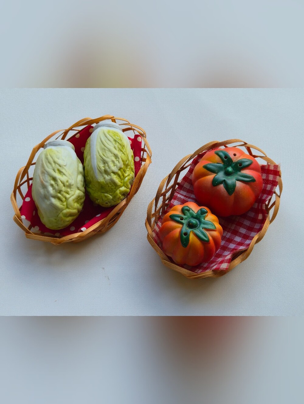 Vintage ceramic vegetables in basket salt and pepper shakers